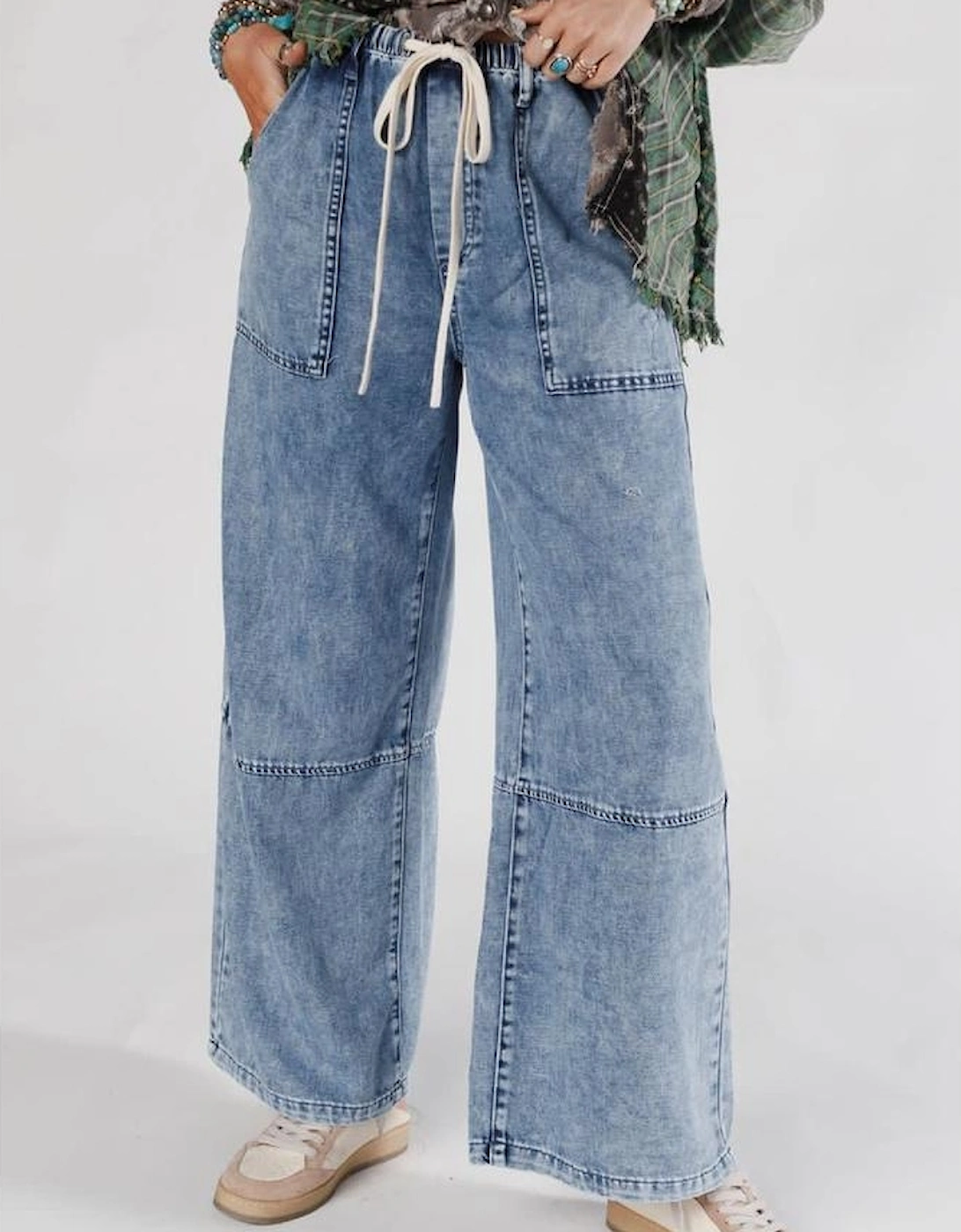 Ashleigh Blue Acid Wash Exposed Seam Drawstring High Waist Jeans