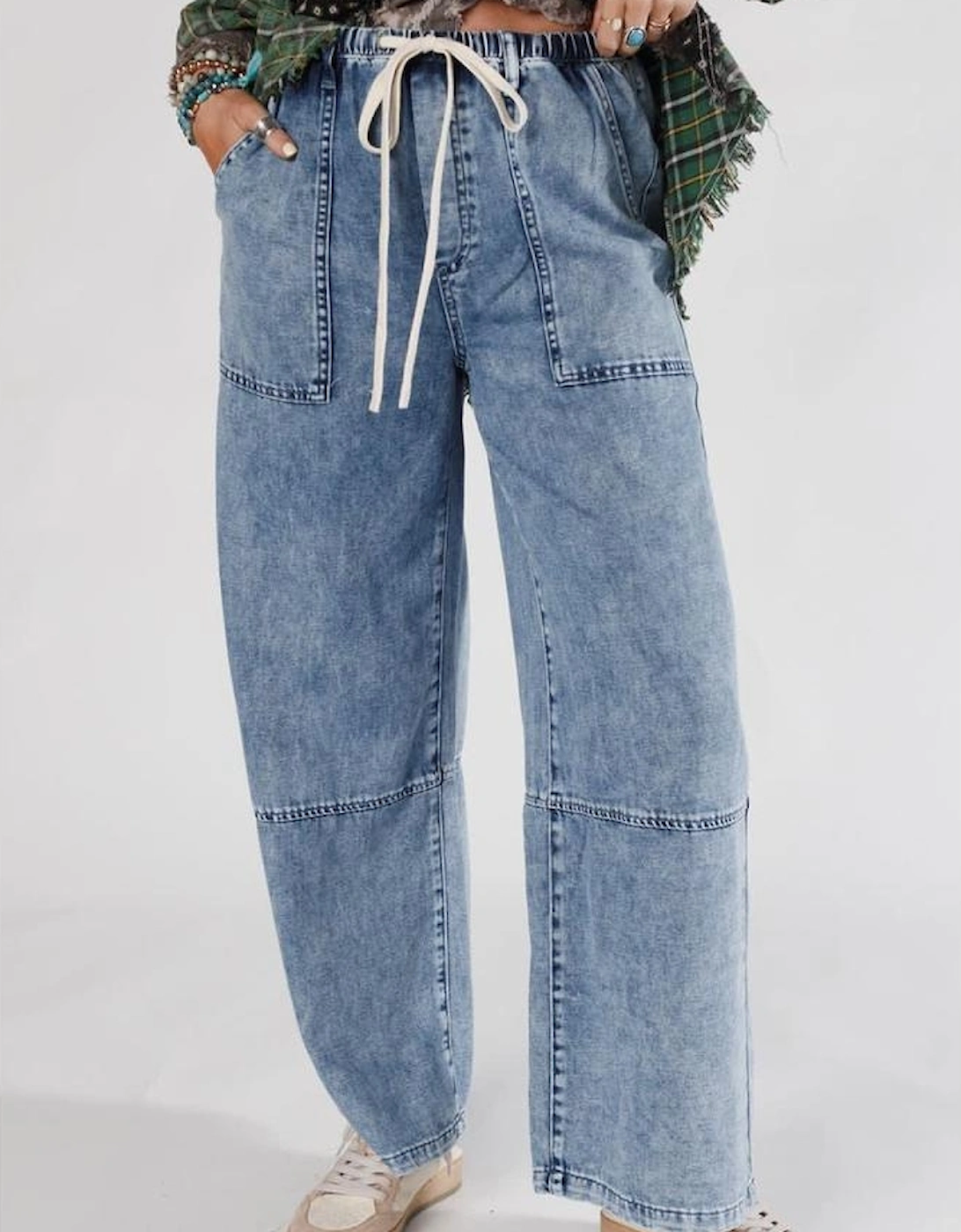 Ashleigh Blue Acid Wash Exposed Seam Drawstring High Waist Jeans
