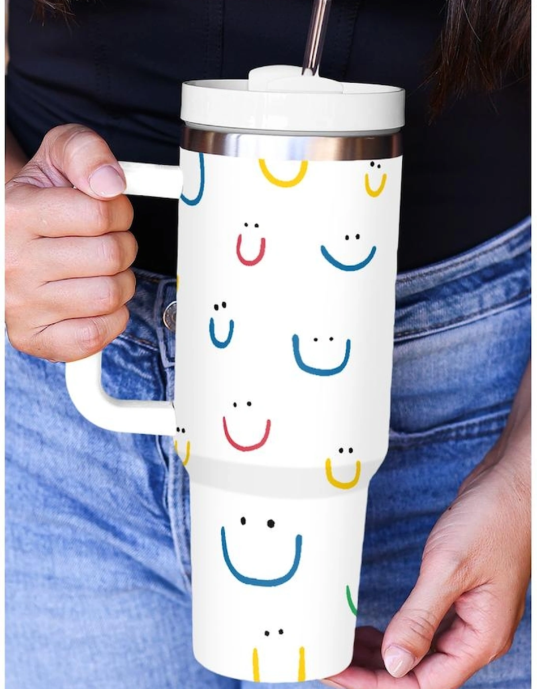 Azura Exchange White Smiling Face Print Handle Vacuum Cup 1200ml