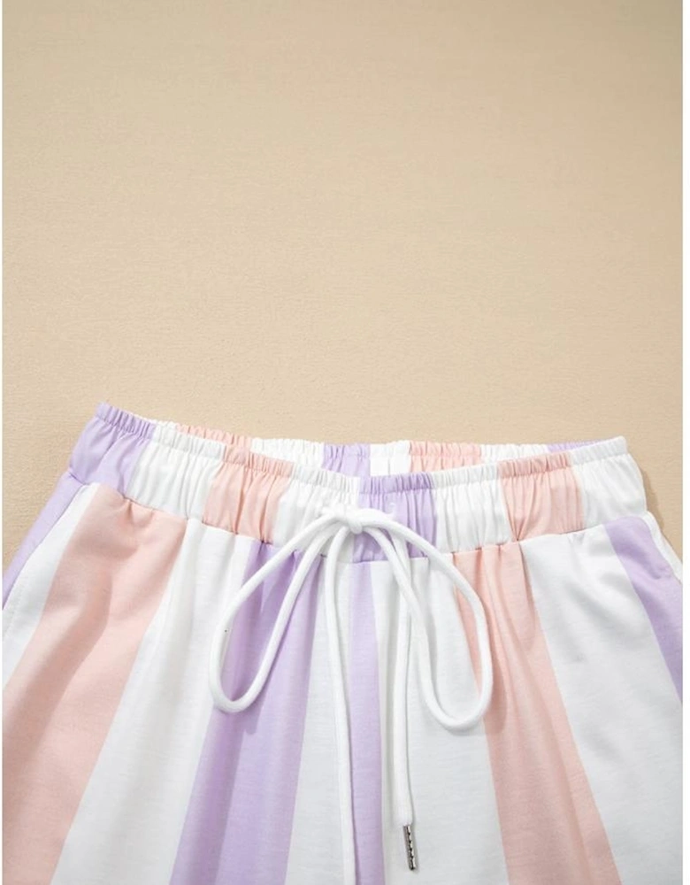Purple Stripe Multicolored Print Drawstring Loose Pants with Side Pockets