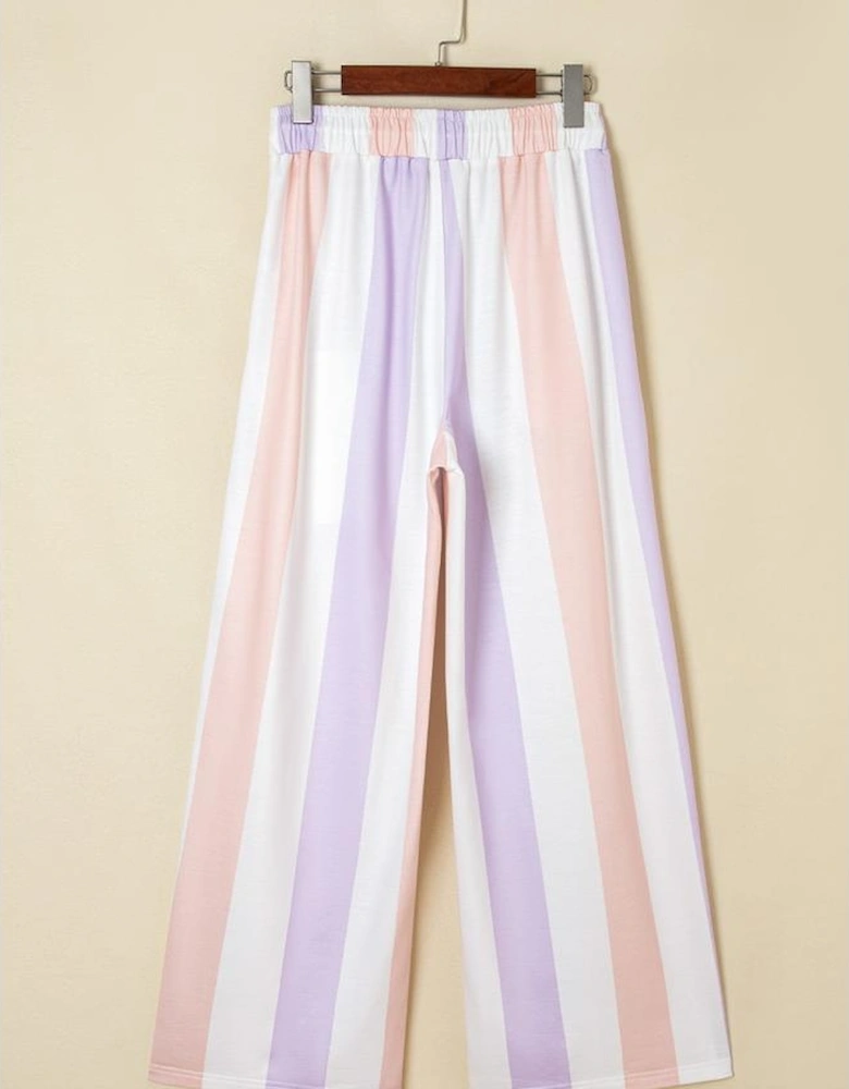 Purple Stripe Multicolored Print Drawstring Loose Pants with Side Pockets