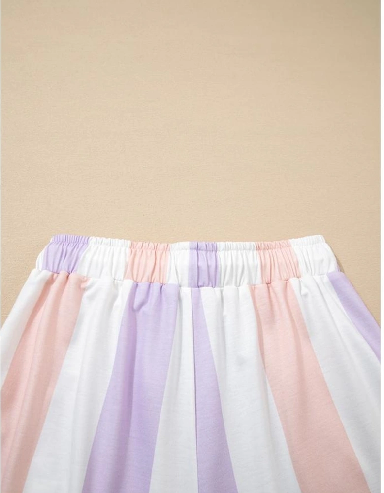 Purple Stripe Multicolored Print Drawstring Loose Pants with Side Pockets