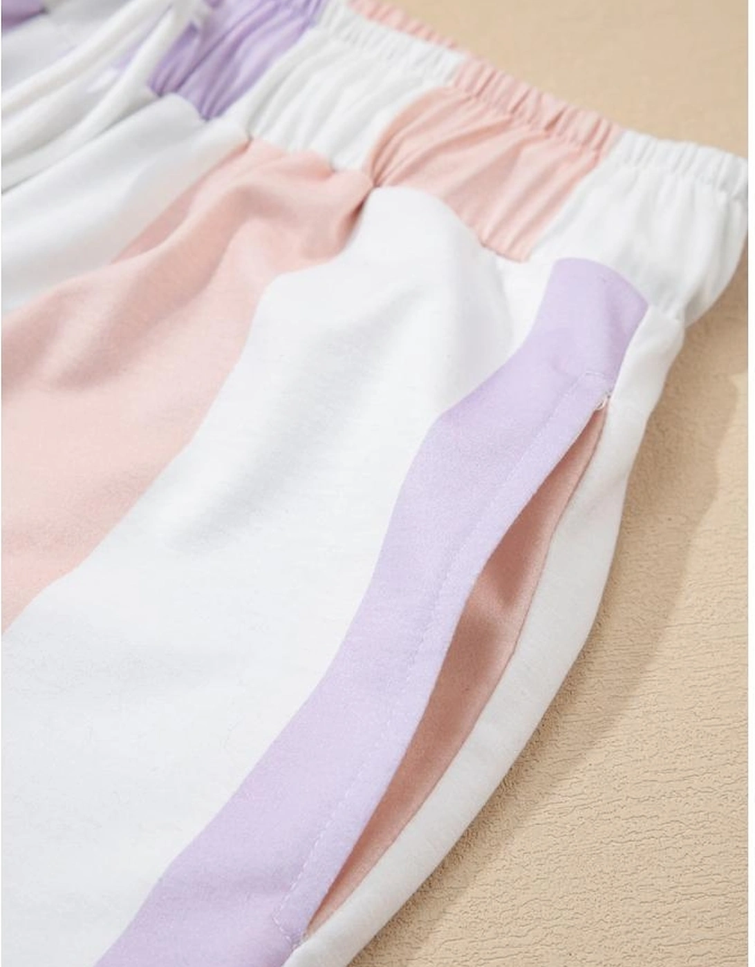 Purple Stripe Multicolored Print Drawstring Loose Pants with Side Pockets