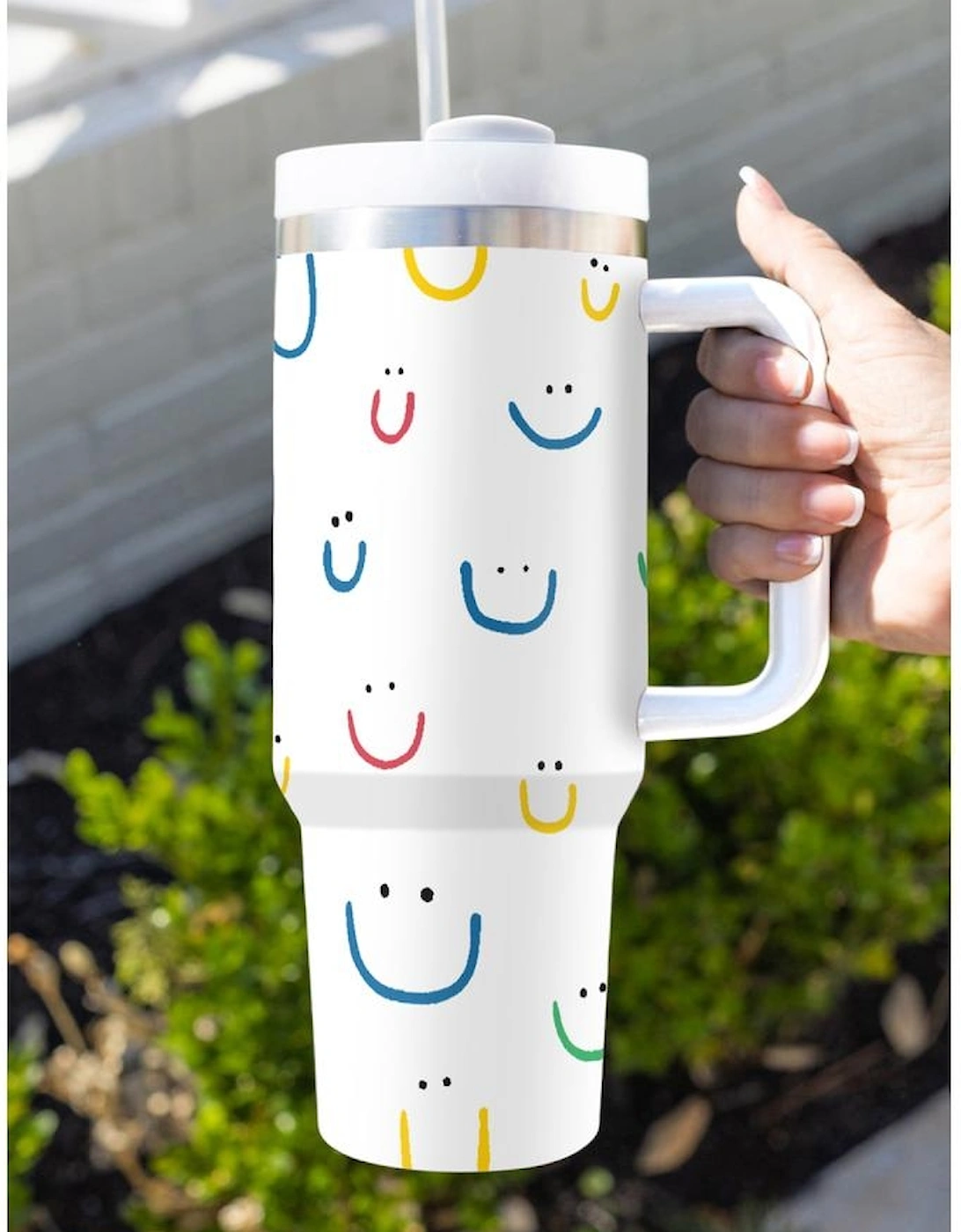 Azura Exchange White Smiling Face Print Handle Vacuum Cup 1200ml
