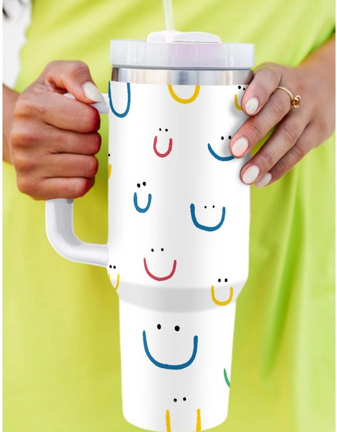 Azura Exchange White Smiling Face Print Handle Vacuum Cup 1200ml