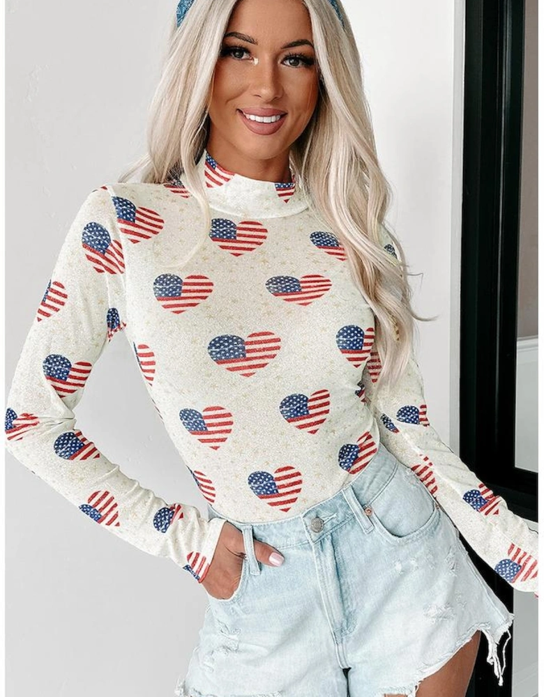 White Americana Glitter Mesh Long Sleeve Bodysuit