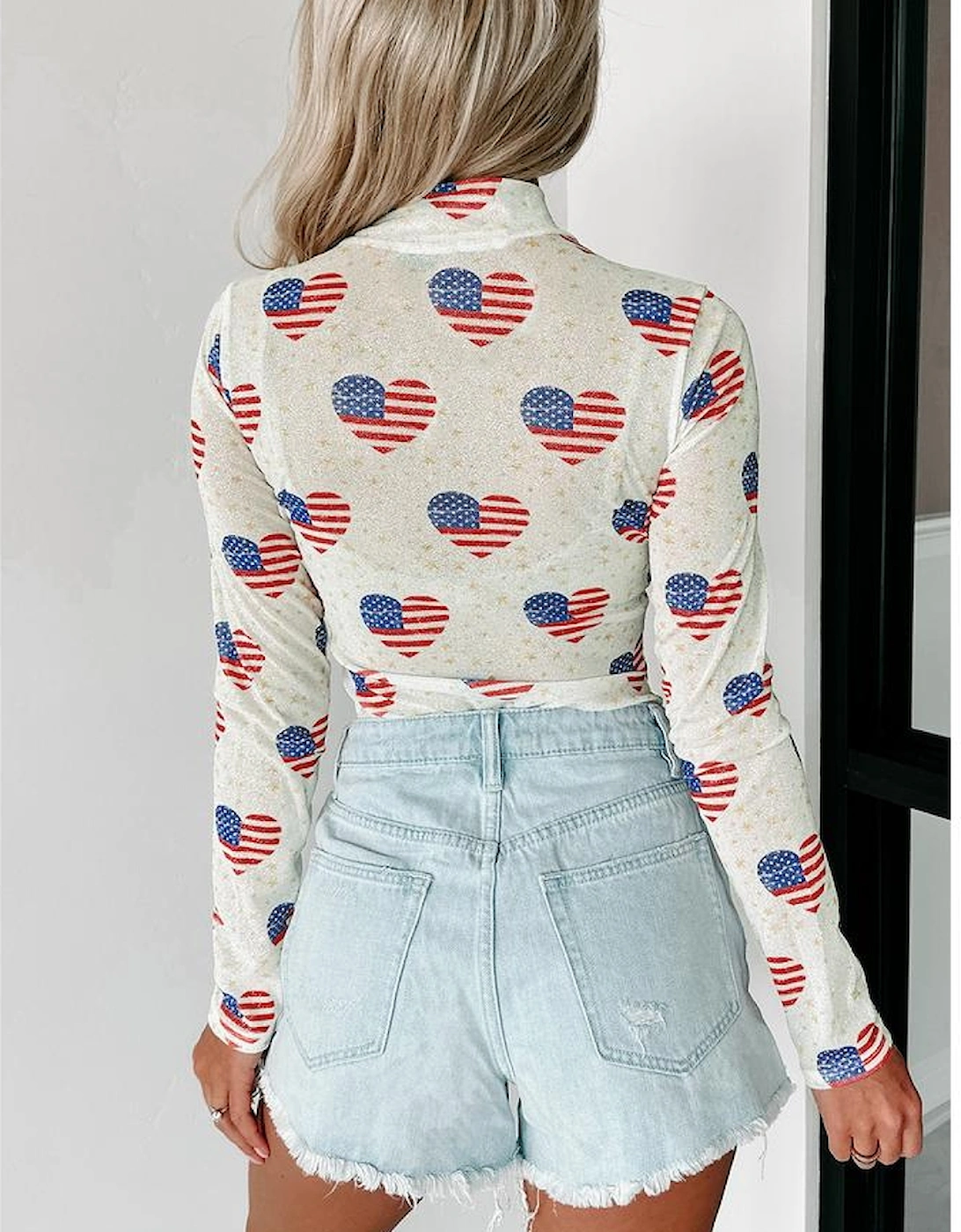 White Americana Glitter Mesh Long Sleeve Bodysuit