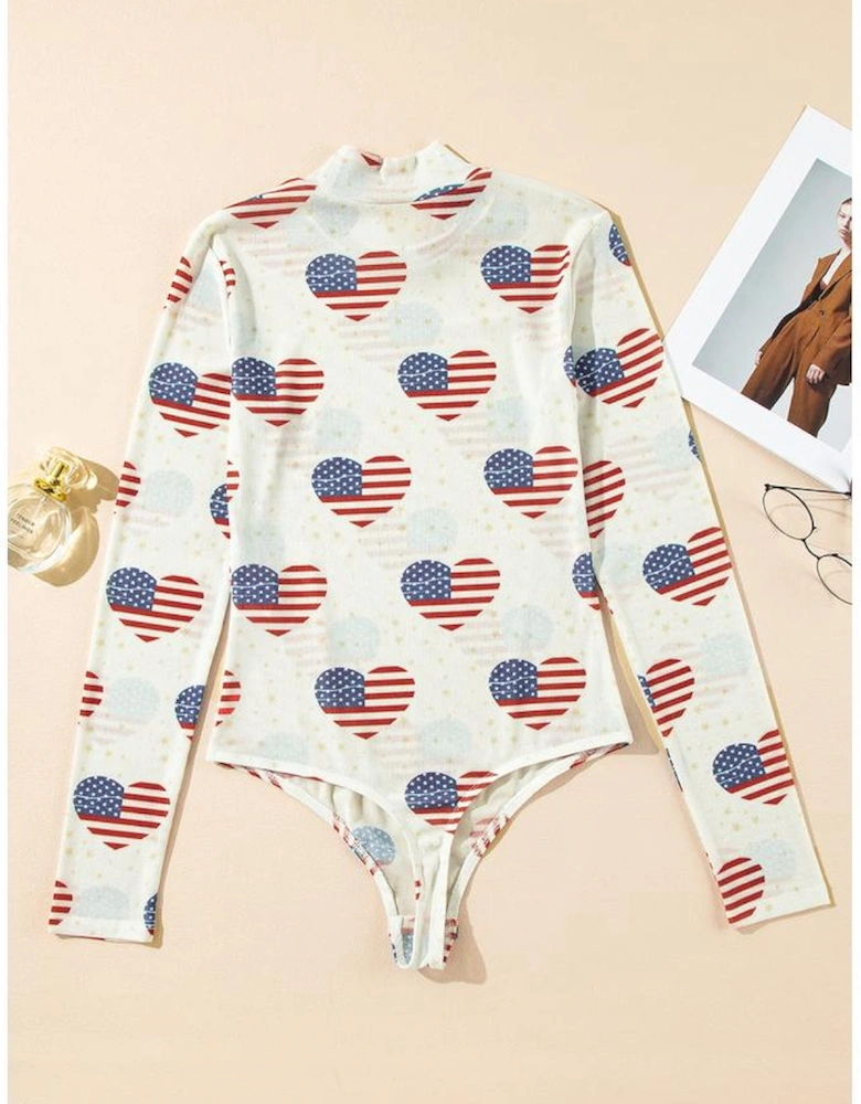 White Americana Glitter Mesh Long Sleeve Bodysuit