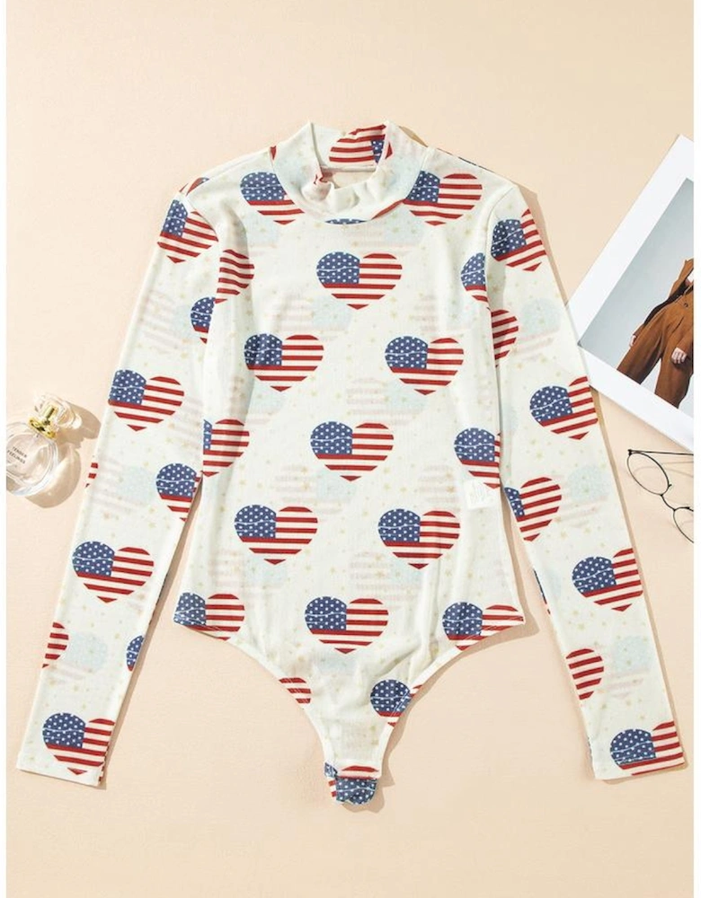 White Americana Glitter Mesh Long Sleeve Bodysuit