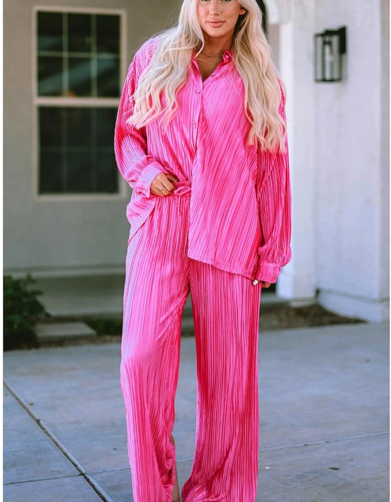 Rose Pleated Long Sleeve Shirt and Wide-Leg Pants Set