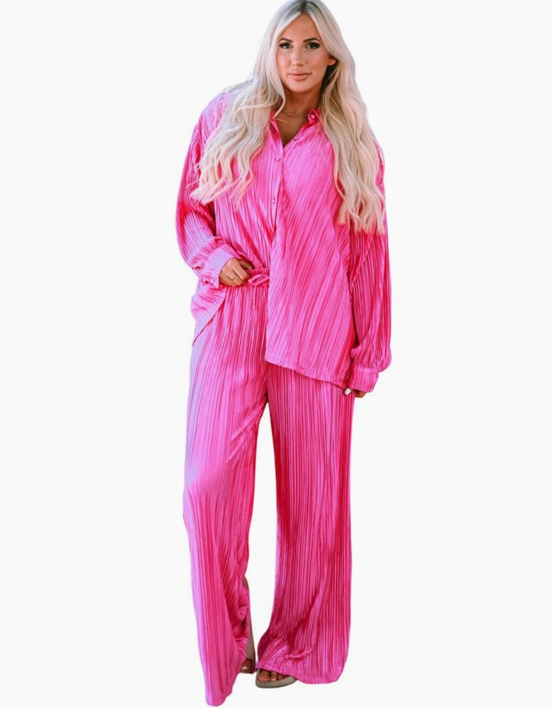 Rose Pleated Long Sleeve Shirt and Wide-Leg Pants Set