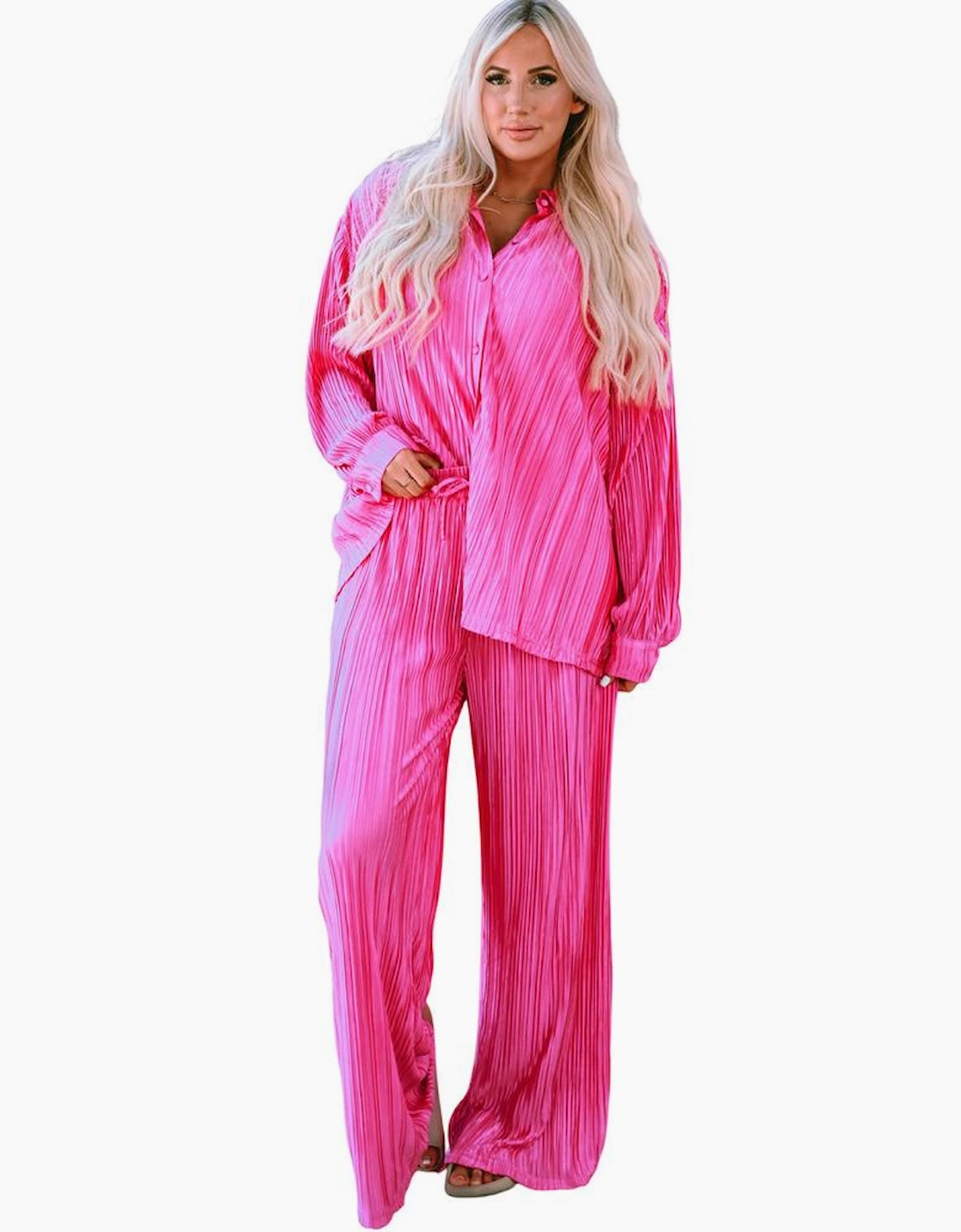 Rose Pleated Long Sleeve Shirt and Wide-Leg Pants Set