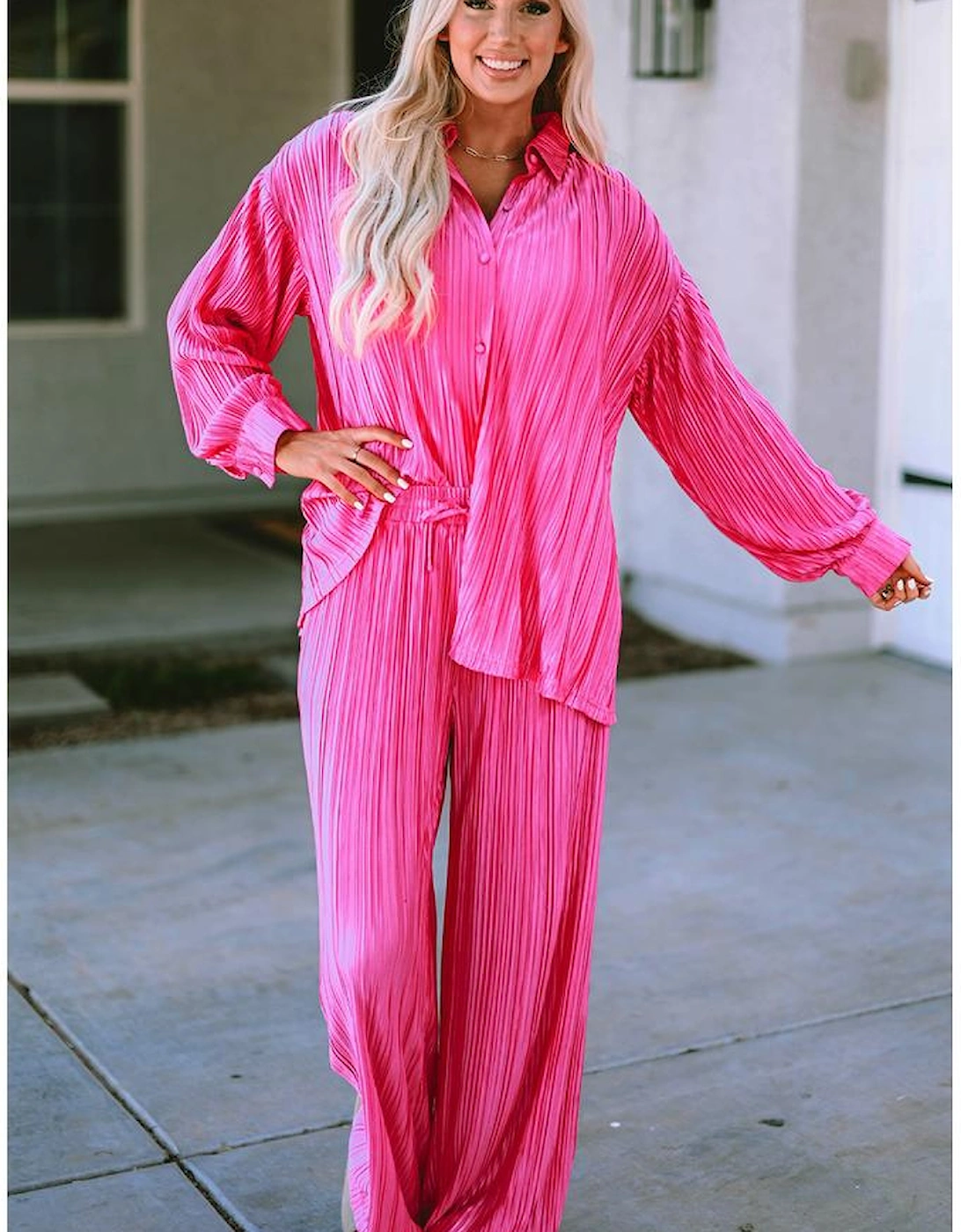 Rose Pleated Long Sleeve Shirt and Wide-Leg Pants Set
