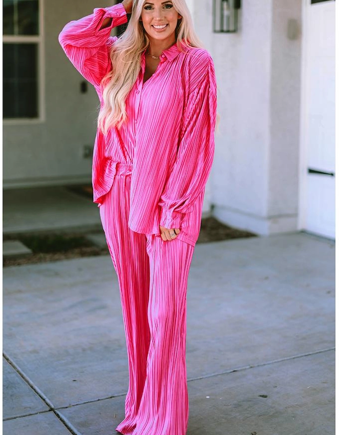 Rose Pleated Long Sleeve Shirt and Wide-Leg Pants Set