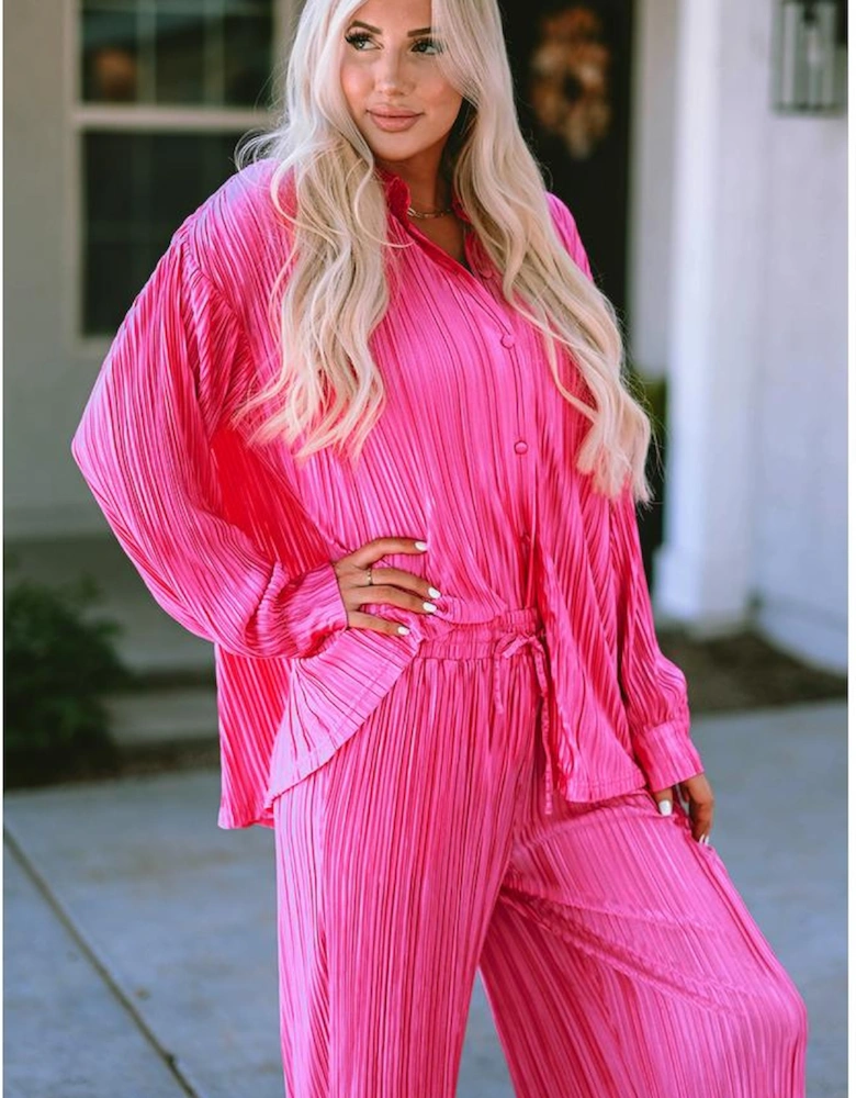 Rose Pleated Long Sleeve Shirt and Wide-Leg Pants Set