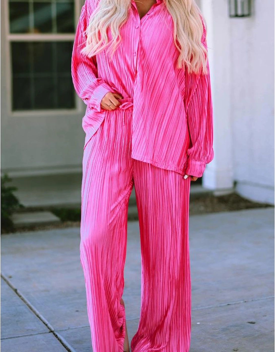 Rose Pleated Long Sleeve Shirt and Wide-Leg Pants Set
