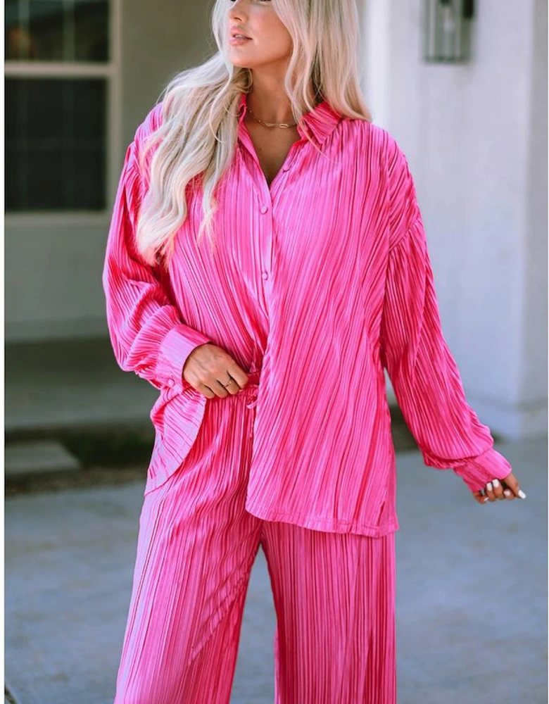 Rose Pleated Long Sleeve Shirt and Wide-Leg Pants Set