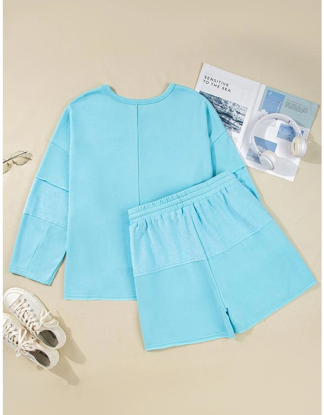 Aruba Blue Plus Size Solid Color Splicing Raw Hem Pullover Top Shorts Set