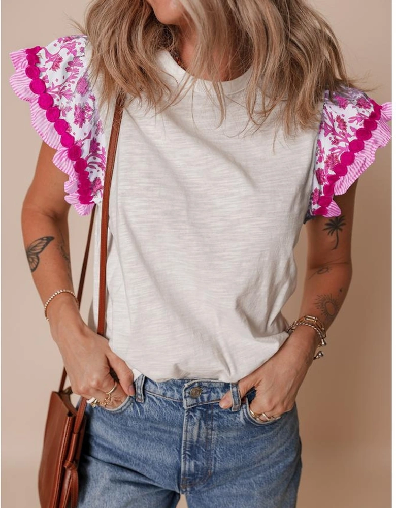 Rose Ricrac Trim Printed Flutter Sleeve Contrast Patchwork Blouse