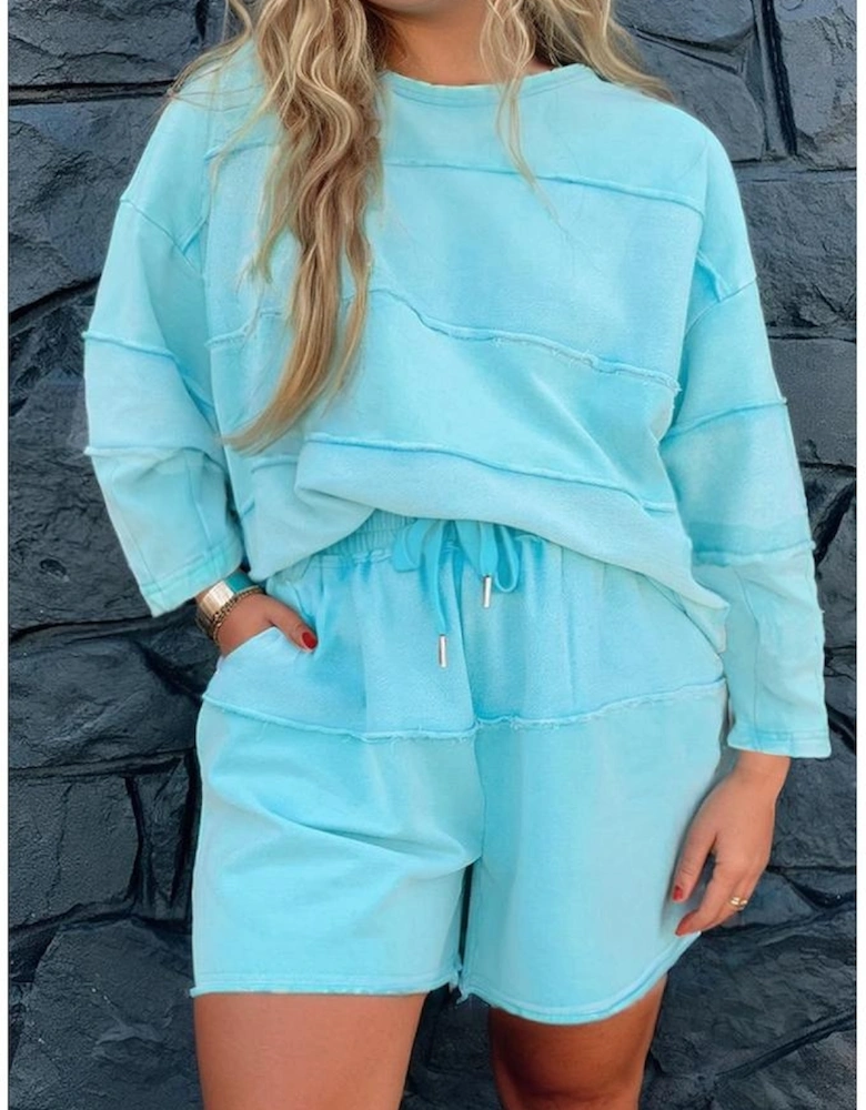 Aruba Blue Plus Size Solid Color Splicing Raw Hem Pullover Top Shorts Set