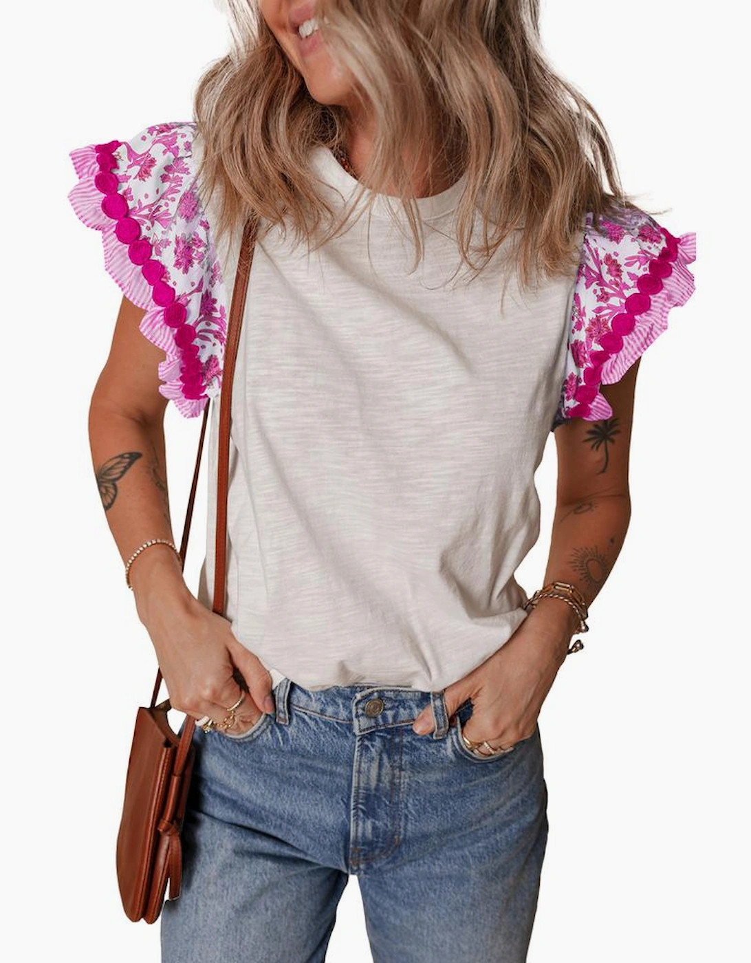 Rose Ricrac Trim Printed Flutter Sleeve Contrast Patchwork Blouse, 3 of 2