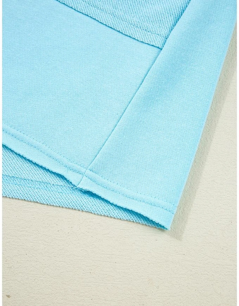 Aruba Blue Plus Size Solid Color Splicing Raw Hem Pullover Top Shorts Set