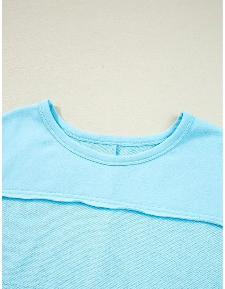 Aruba Blue Plus Size Solid Color Splicing Raw Hem Pullover Top Shorts Set