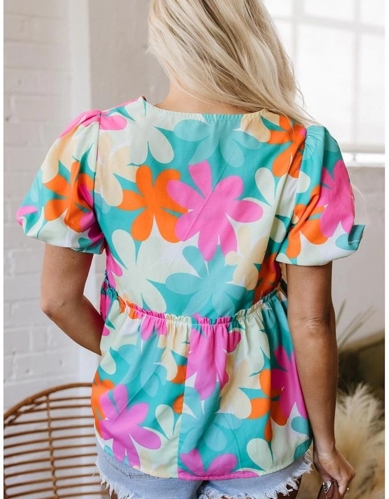 Pink Floral Print Bubble Sleeve V Neck Peplum Blouse