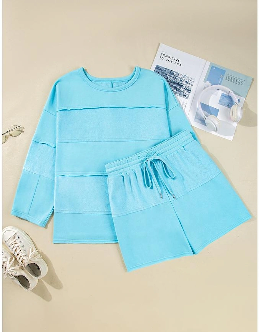 Aruba Blue Plus Size Solid Color Splicing Raw Hem Pullover Top Shorts Set
