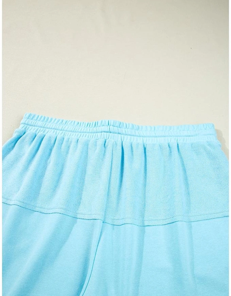 Aruba Blue Plus Size Solid Color Splicing Raw Hem Pullover Top Shorts Set