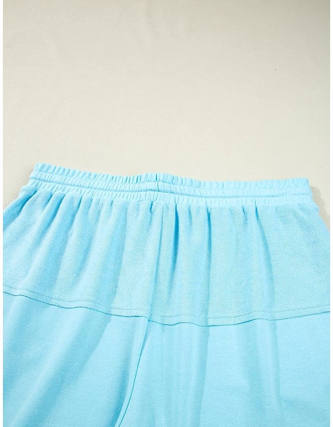 Aruba Blue Plus Size Solid Color Splicing Raw Hem Pullover Top Shorts Set