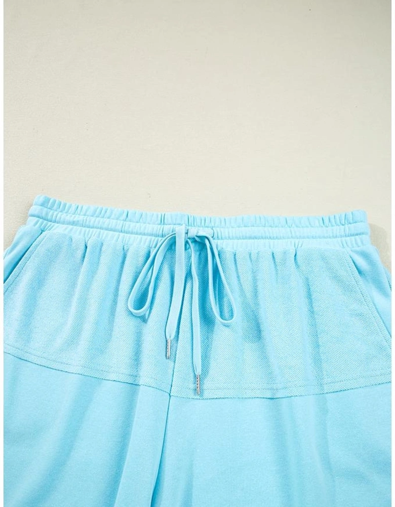 Aruba Blue Plus Size Solid Color Splicing Raw Hem Pullover Top Shorts Set