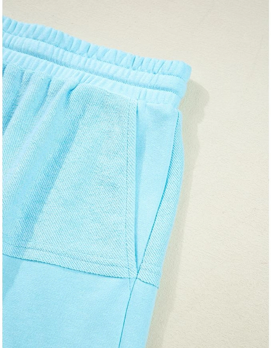 Aruba Blue Plus Size Solid Color Splicing Raw Hem Pullover Top Shorts Set