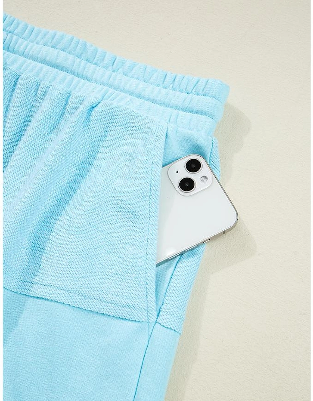 Aruba Blue Plus Size Solid Color Splicing Raw Hem Pullover Top Shorts Set