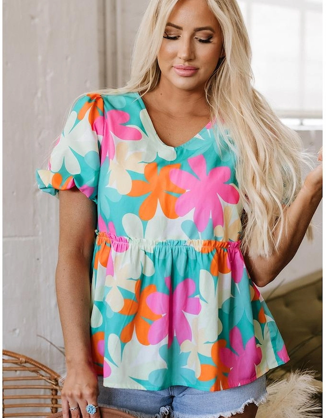 Pink Floral Print Bubble Sleeve V Neck Peplum Blouse