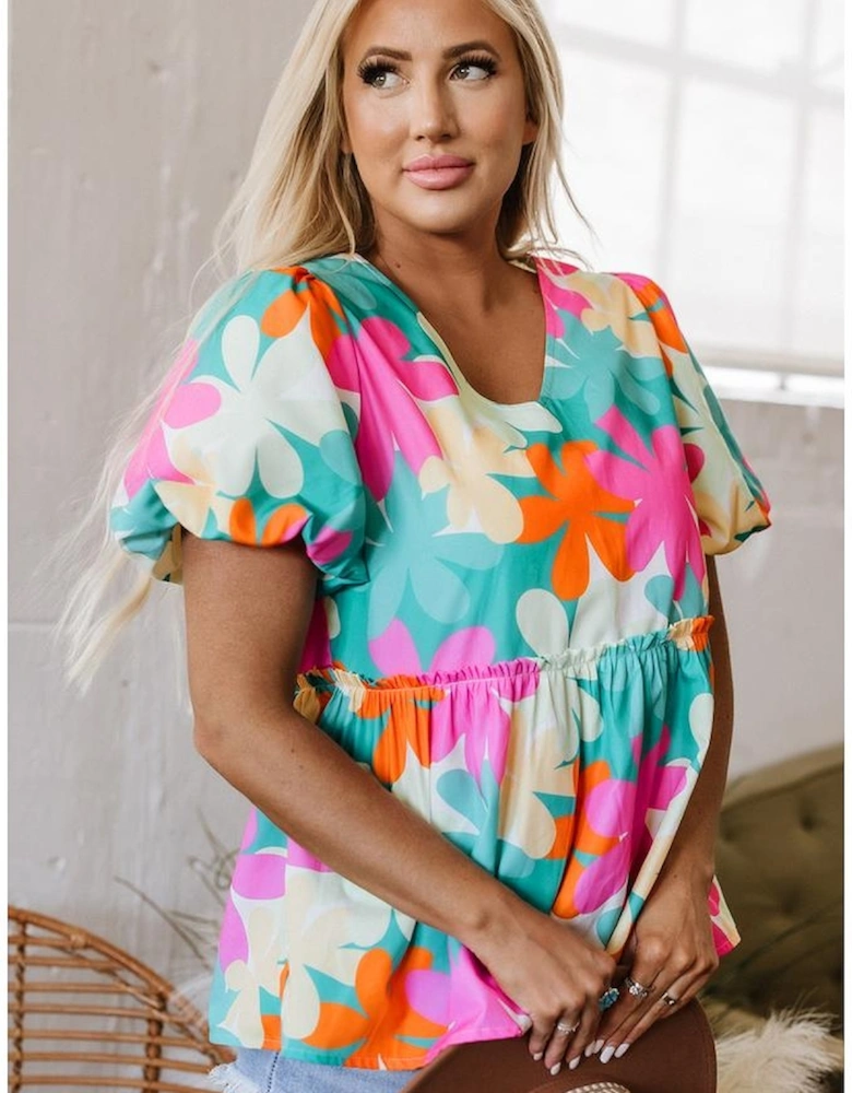 Pink Floral Print Bubble Sleeve V Neck Peplum Blouse