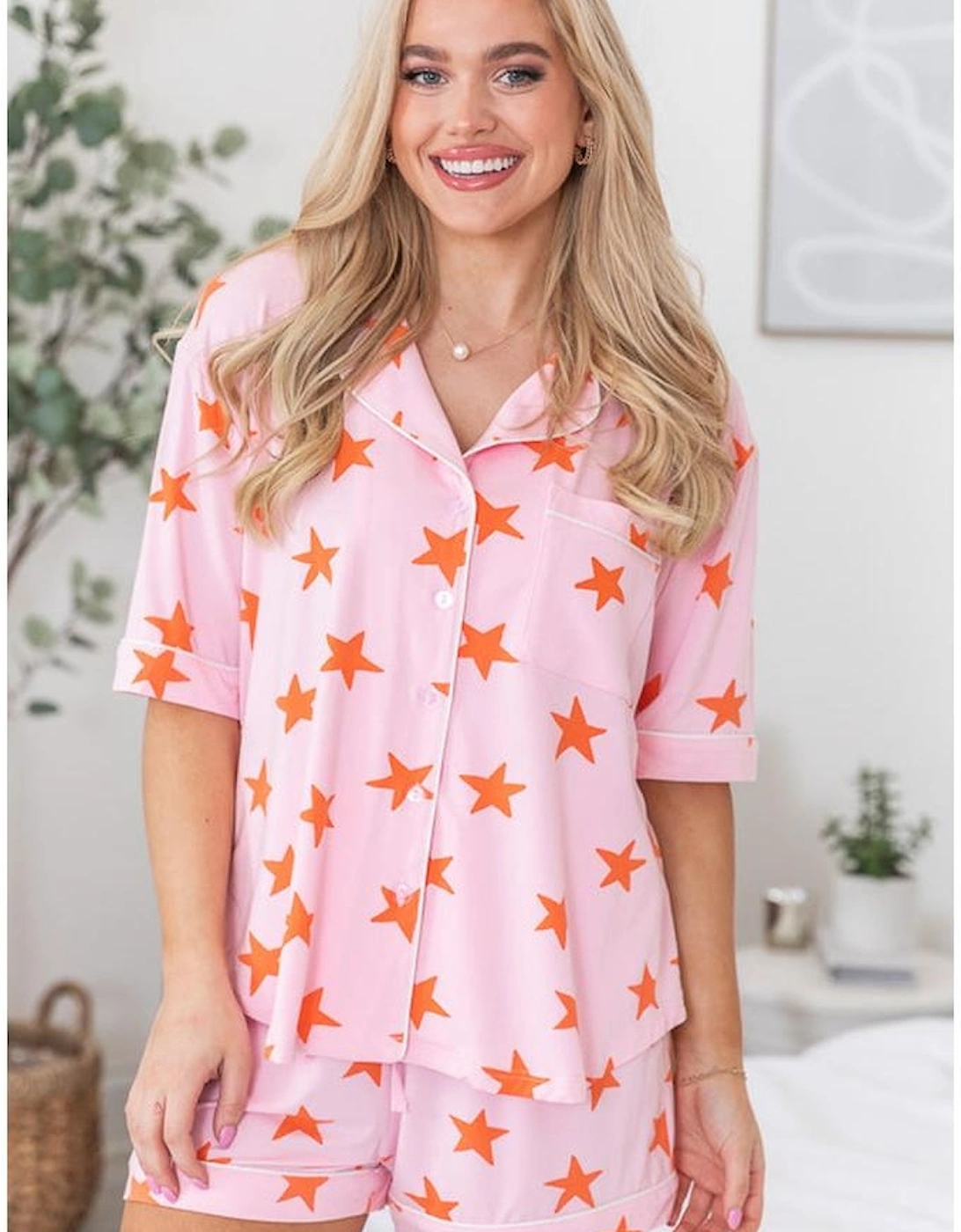 Pink Stars Short Sleeve Shirt and Shorts Bamboo Pajama Set