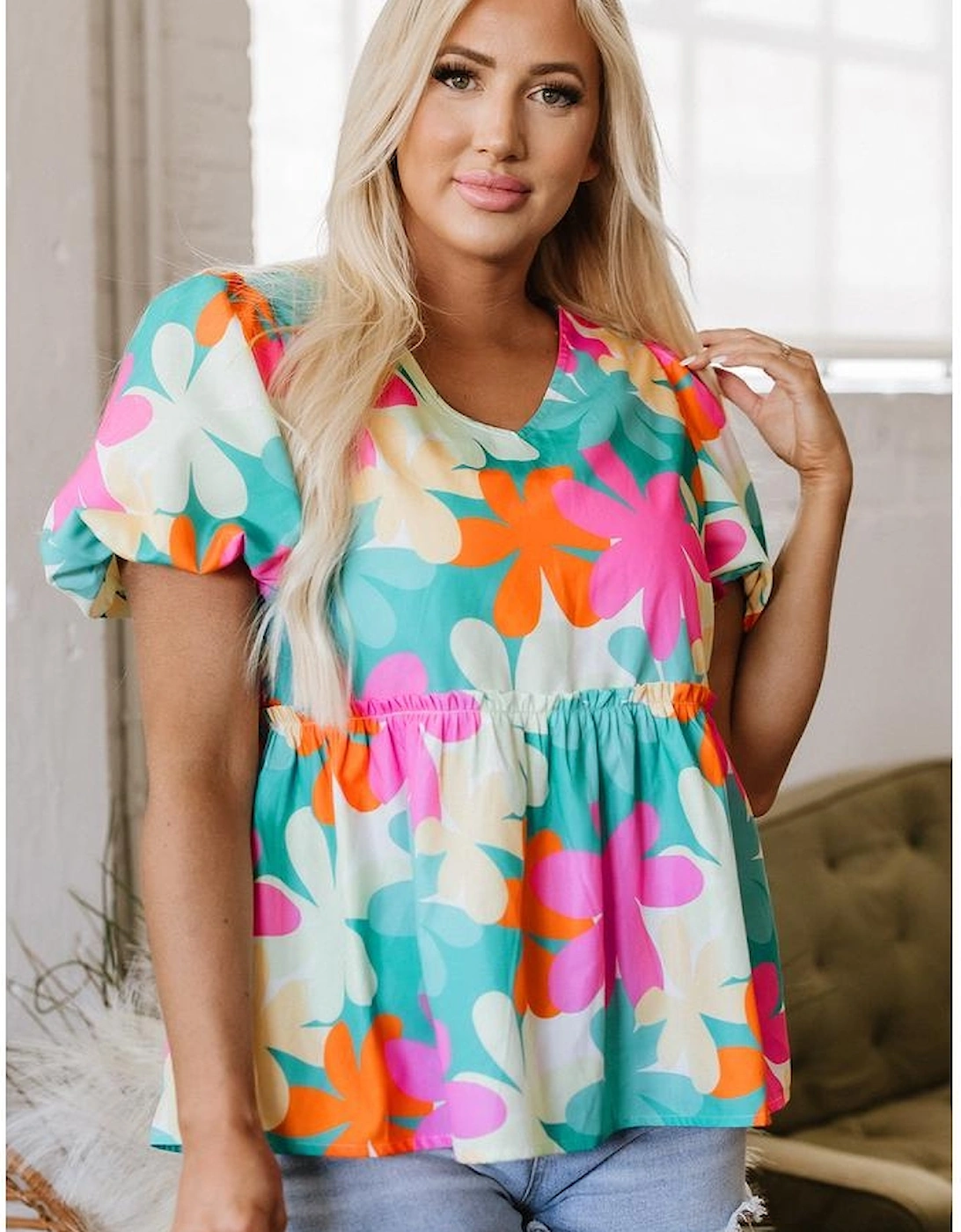 Pink Floral Print Bubble Sleeve V Neck Peplum Blouse