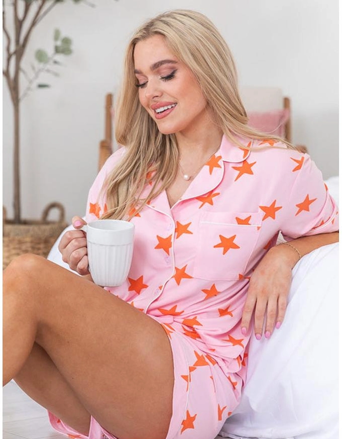 Pink Stars Short Sleeve Shirt and Shorts Bamboo Pajama Set