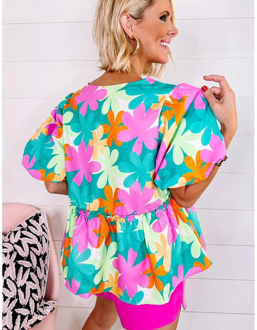 Pink Floral Print Bubble Sleeve V Neck Peplum Blouse