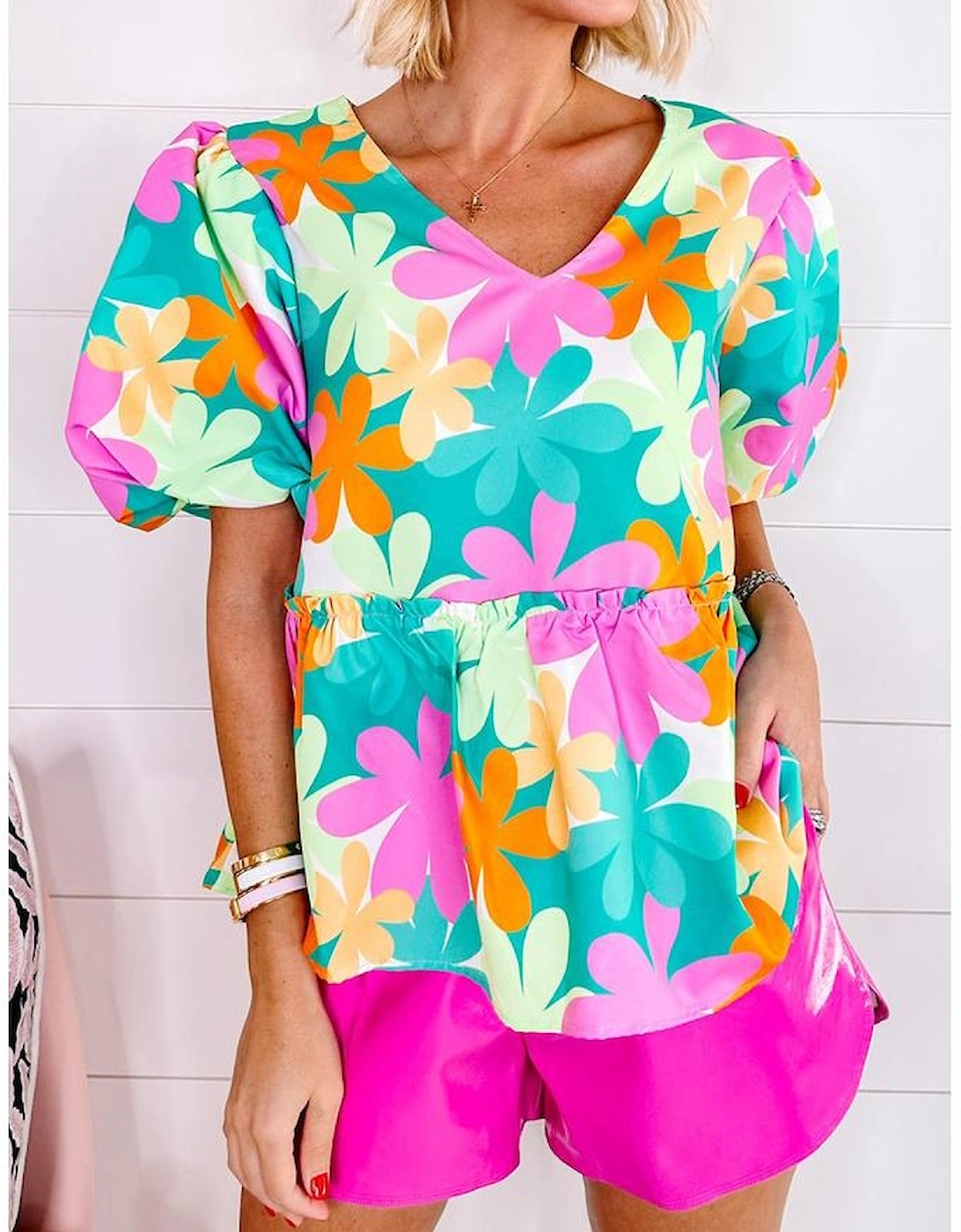 Pink Floral Print Bubble Sleeve V Neck Peplum Blouse