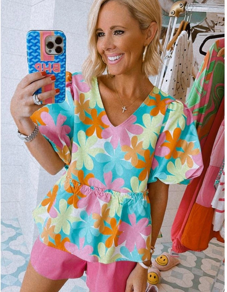 Pink Floral Print Bubble Sleeve V Neck Peplum Blouse