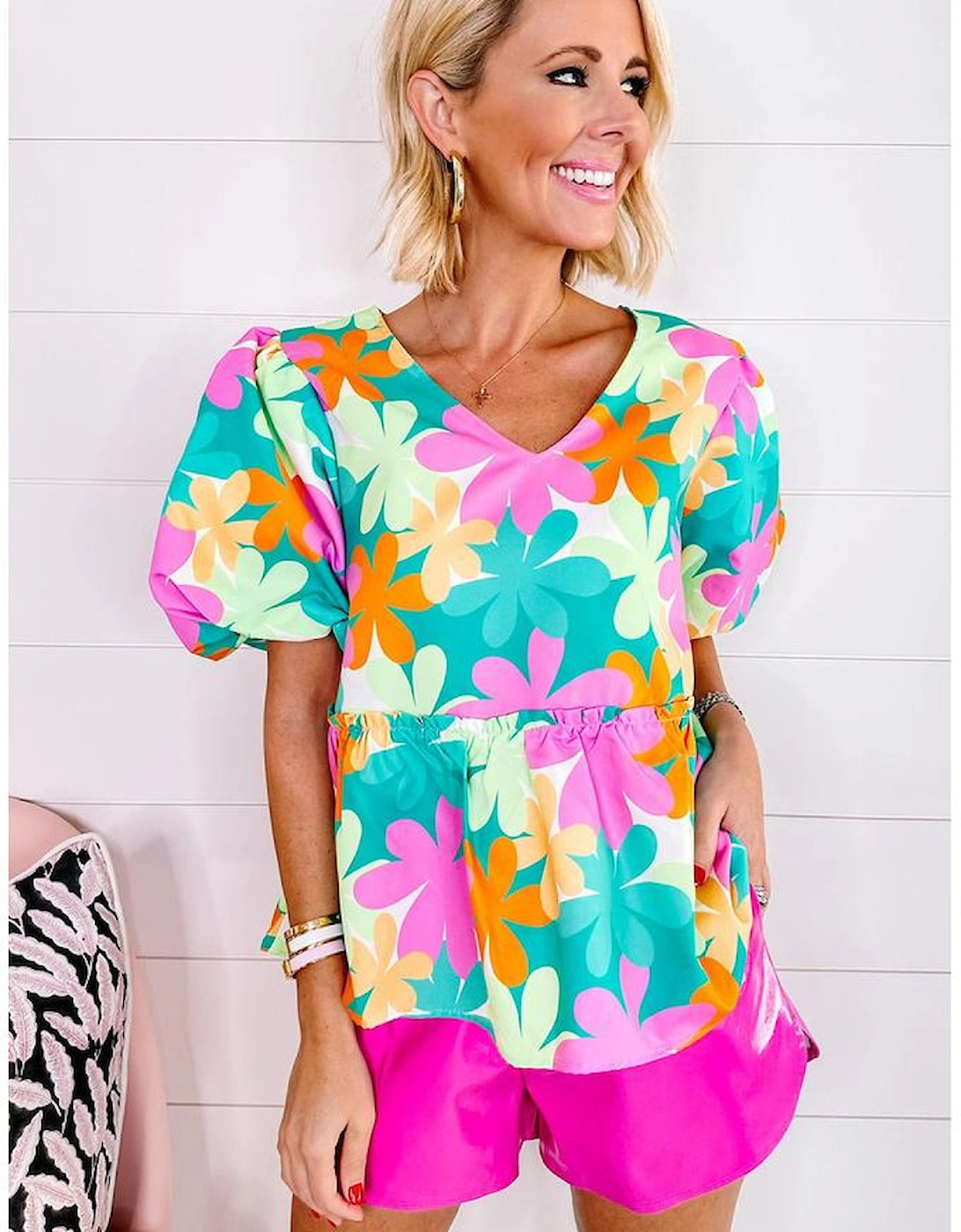 Pink Floral Print Bubble Sleeve V Neck Peplum Blouse