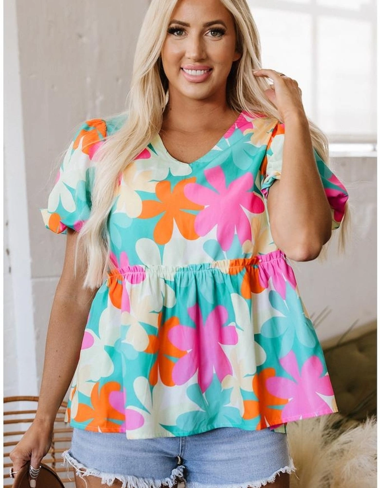 Pink Floral Print Bubble Sleeve V Neck Peplum Blouse