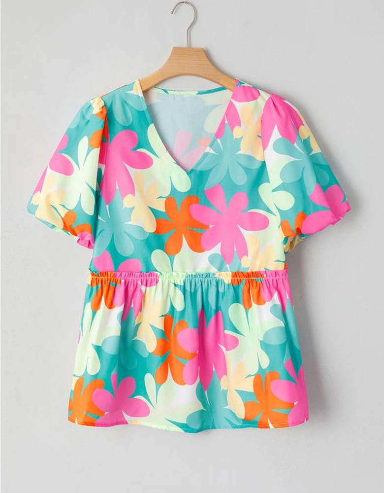 Pink Floral Print Bubble Sleeve V Neck Peplum Blouse
