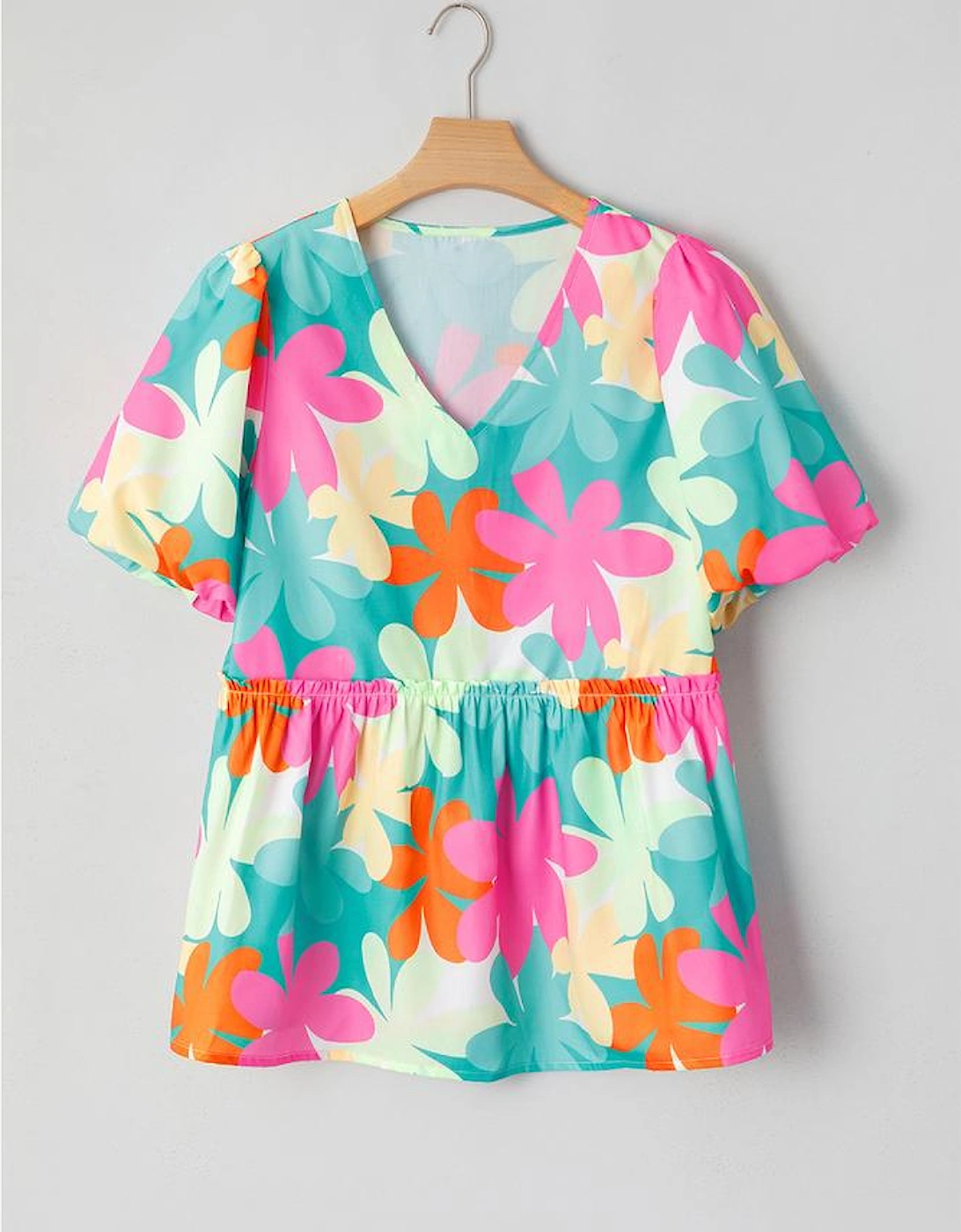 Pink Floral Print Bubble Sleeve V Neck Peplum Blouse