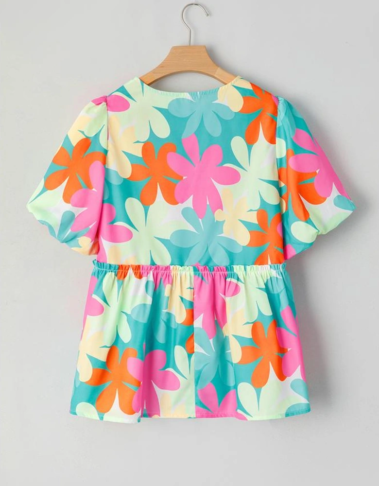 Pink Floral Print Bubble Sleeve V Neck Peplum Blouse