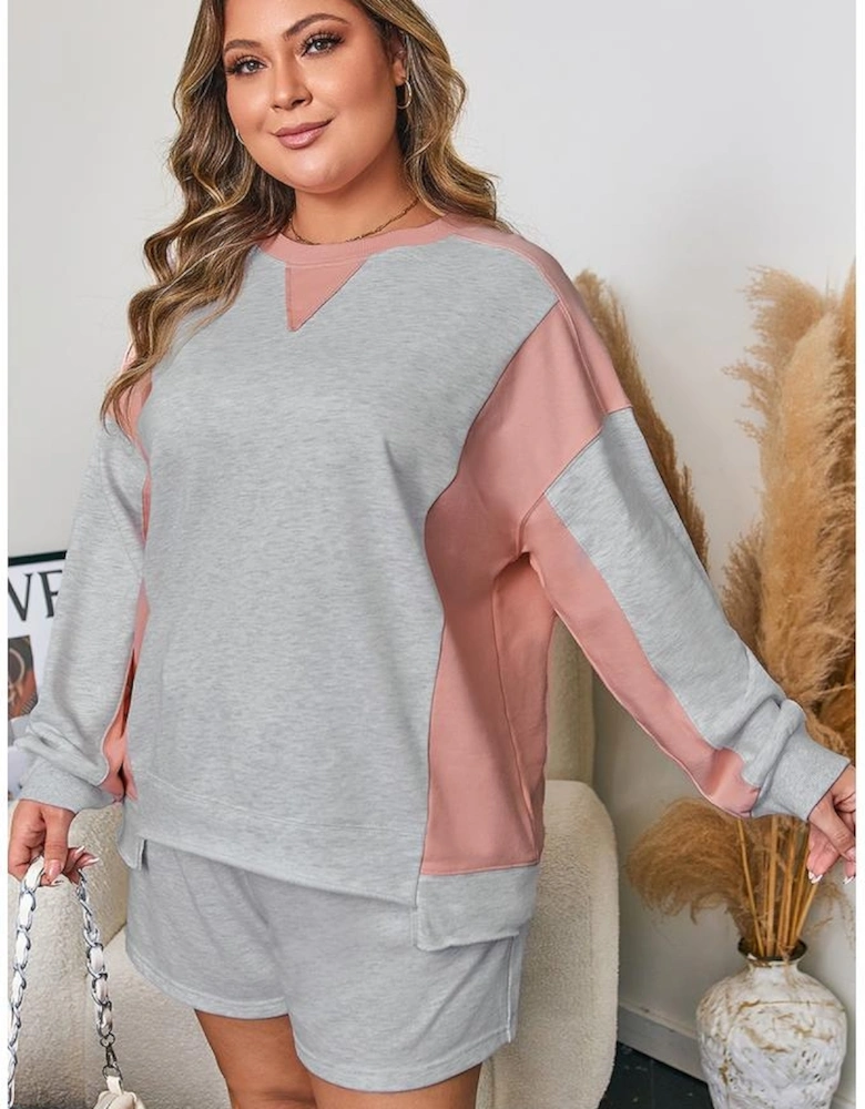 Light Grey Uneven Hem Colorblock Pullover Casual Shorts Plus Size 2pcs Outfit