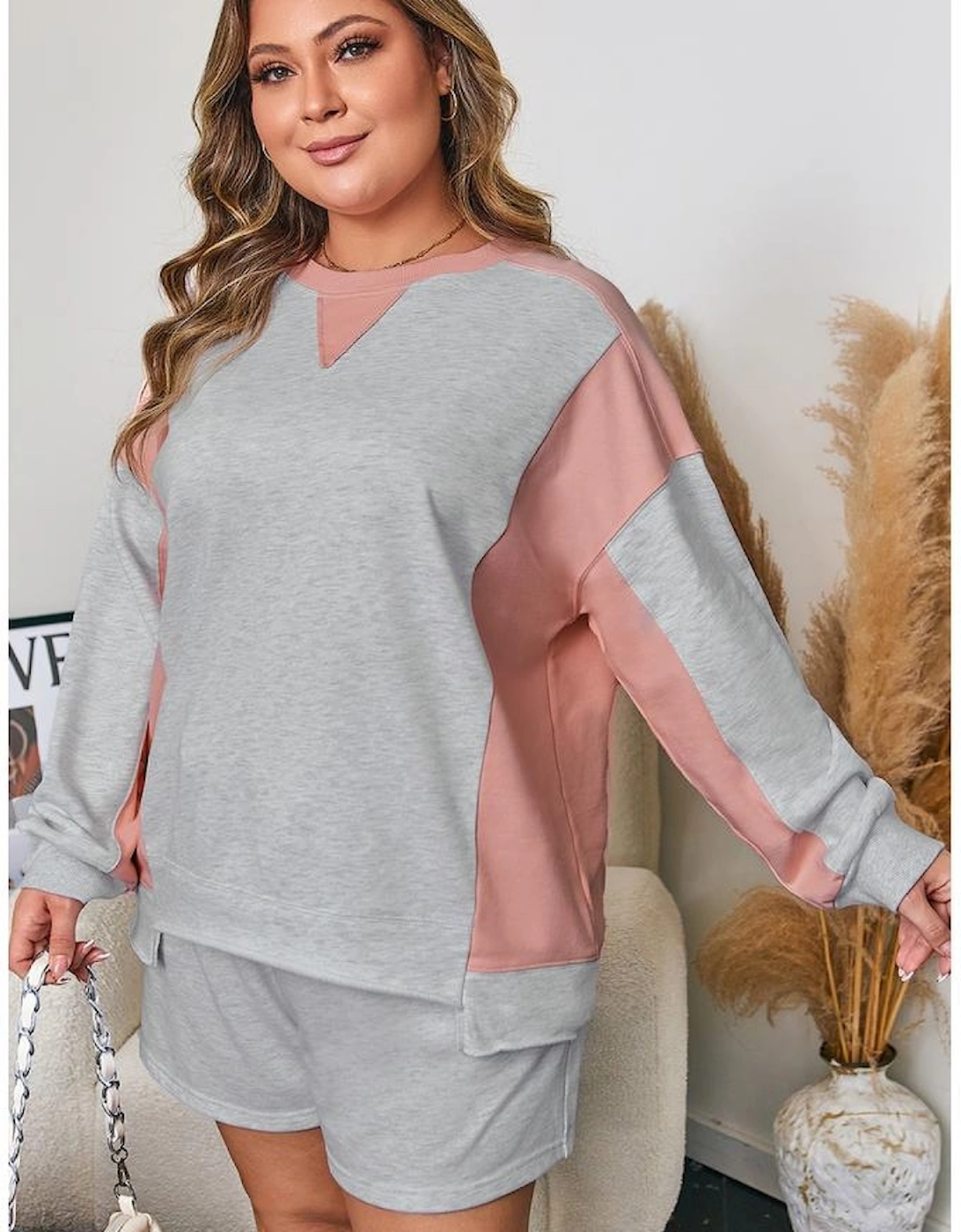 Light Grey Uneven Hem Colorblock Pullover Casual Shorts Plus Size 2pcs Outfit