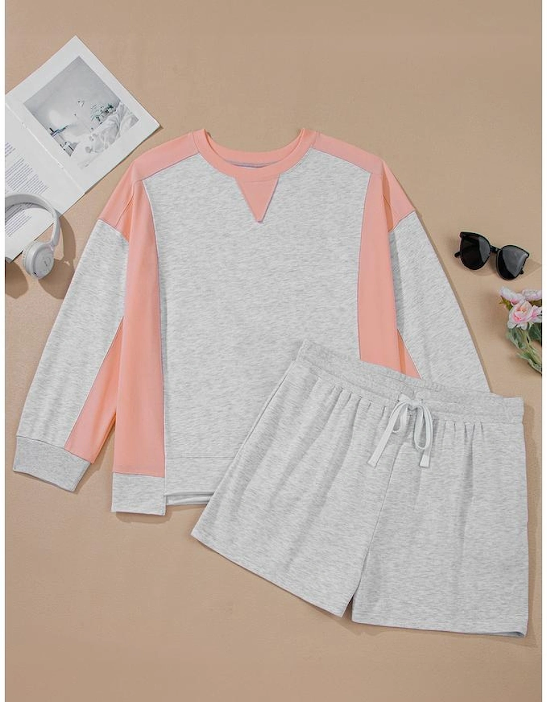 Light Grey Uneven Hem Colorblock Pullover Casual Shorts Plus Size 2pcs Outfit
